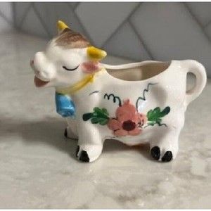 Ceramic Hand Painted White Cow with Blue Bell Creamer, Japan